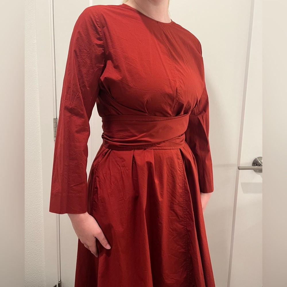 COS Red Long Sleeve Smock Tie-Waist Midi Dress - Size 10